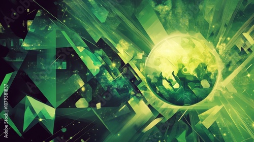 Futuristic depiction of a global social network and the planet Earth, with green geometric backgrounds and vector elements representing technology and the future.