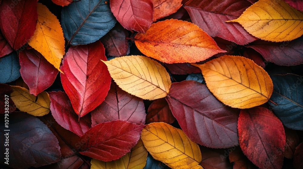 A close-up view of colorful autumn leaves with shades of red, orange, and yellow. A close-up view of colorful autumn leaves with shades of red, orange, and yellow.