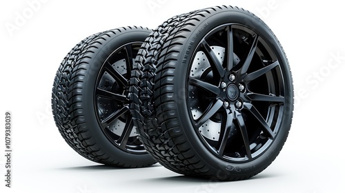 Two black car tires with black rims on white background.