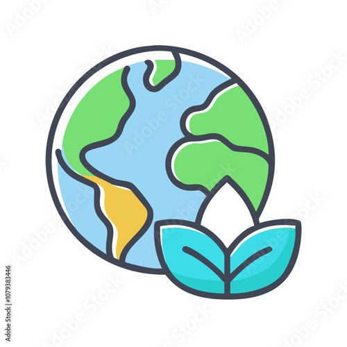 A vibrant vector icon representing world ecology with a globe and leaf symbolizing environmental sustainability and nature's harmony