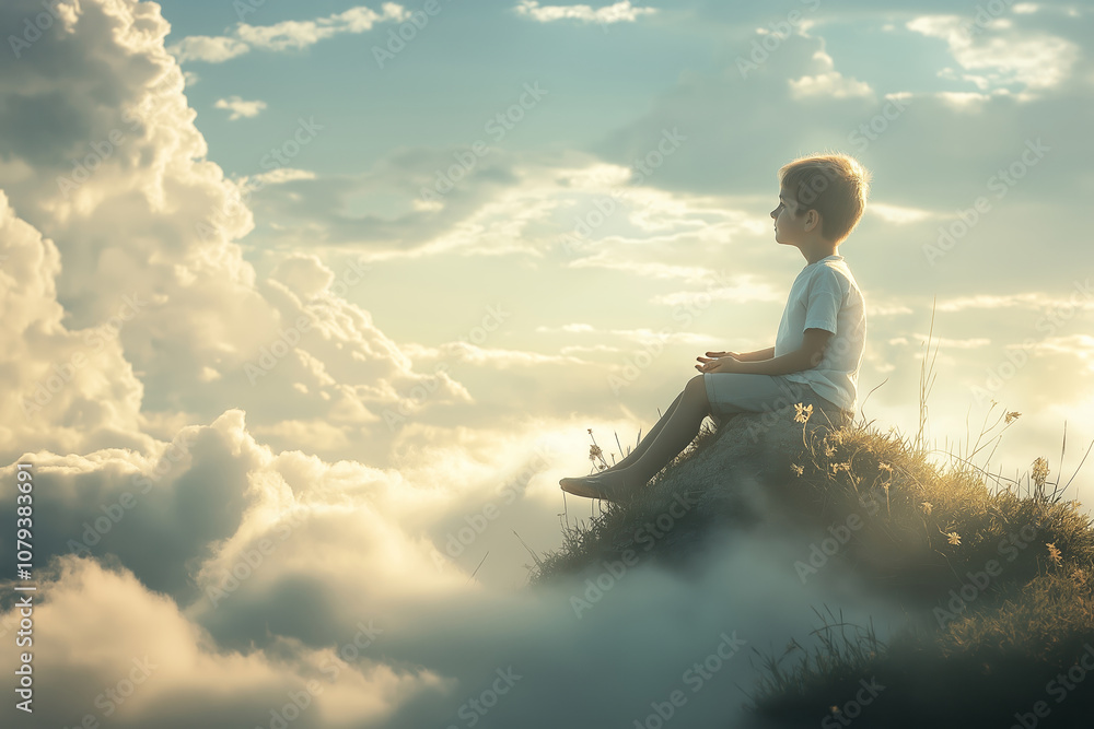 A serene scene of a child sitting cross-legged atop a cloud, enveloped by a sky filled with soft, warm light. A serene scene of a child sitting cross-legged atop a cloud, enveloped by a sky filled with soft, warm light.