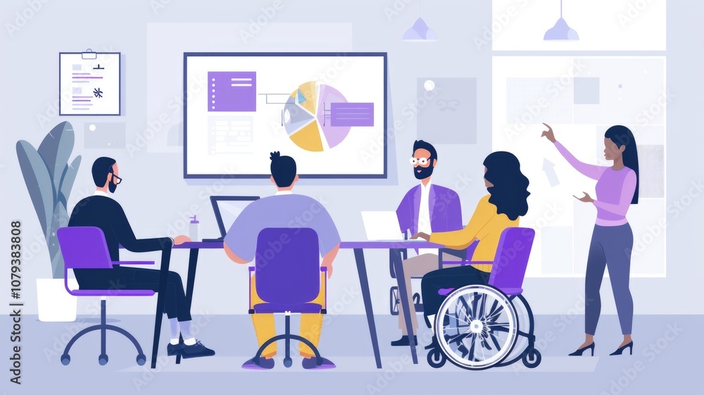 Group of people discussing in a meeting, including a person in a wheelchair, in a modern office. Group of people discussing in a meeting, including a person in a wheelchair, in a modern office.