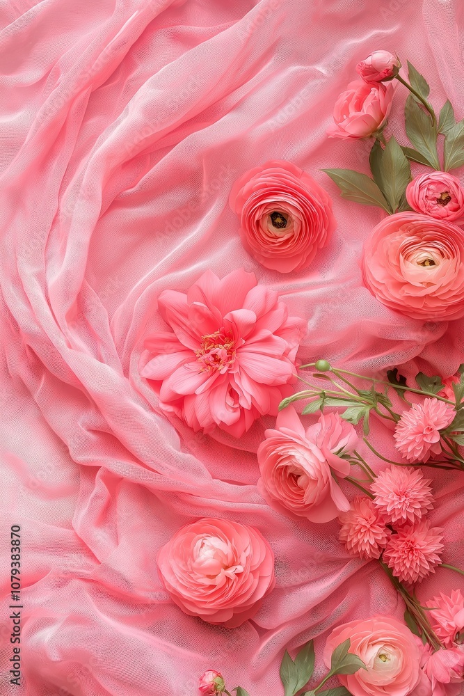 A delicate array of pink flowers arranged across soft fabric backdrop. A delicate array of pink flowers arranged across soft fabric backdrop.