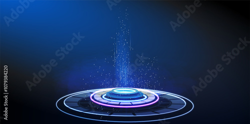 A vibrant, illuminated circular platform emits blue and purple particles in a dark background, creating a futuristic atmosphere.