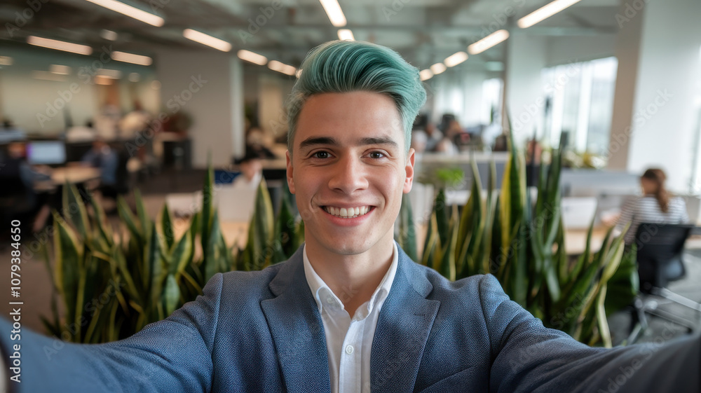 A cheerful young man with blue hair takes a selfie in a bright office space filled with greenery and coworkers engaged in activities. A cheerful young man with blue hair takes a selfie in a bright office space filled with greenery and coworkers engaged in activities.