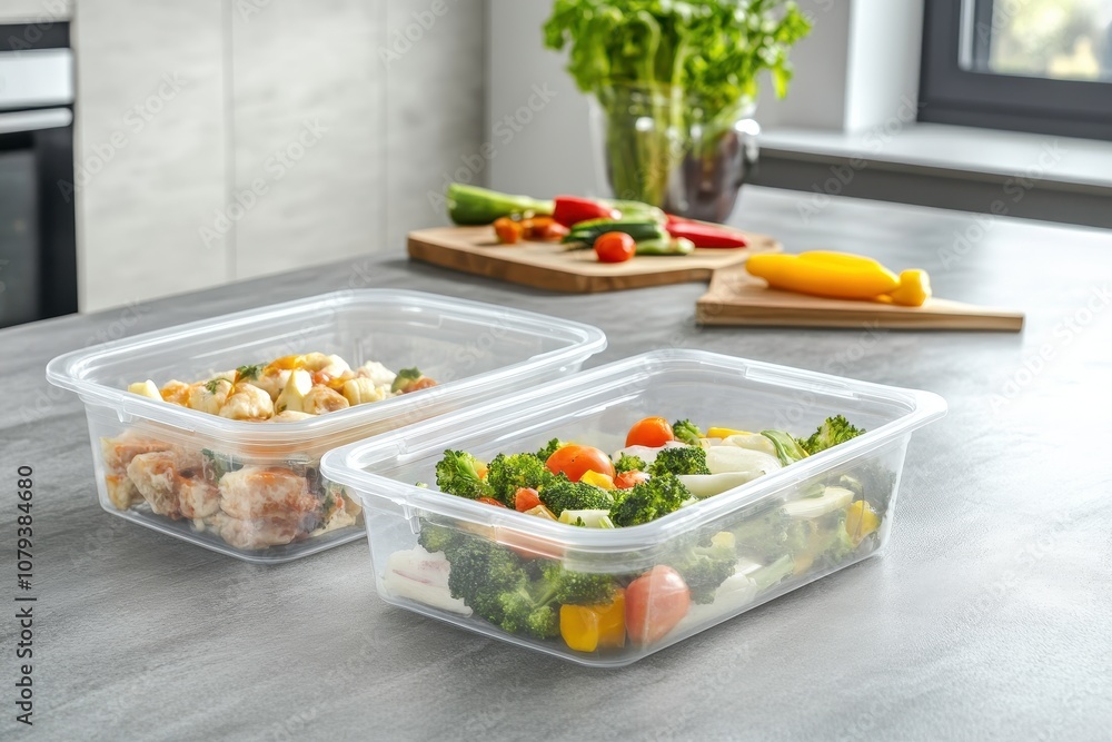 Fresh Food Prep on Kitchen Worktop with Containers Fresh Food Prep on Kitchen Worktop with Containers