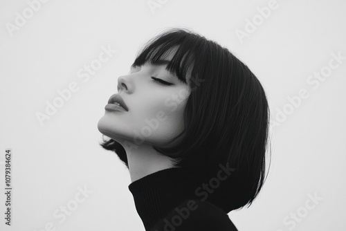 Artistic Black and White Portrait of Woman With French Bob in Profile