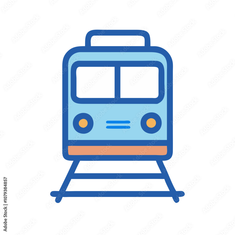 A simple vector icon depicting a train front view, showcasing blue and orange colors, representing public transportation, travel, or commuting activities A simple vector icon depicting a train front view, showcasing blue and orange colors, representing public transportation, travel, or commuting activities