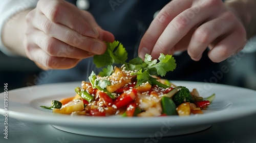 A chef garnishing a colorful vegetable stir-fry with sesame seeds, fresh cilantro, and a drizzle of soy sauce, ready to be served on a white plate.