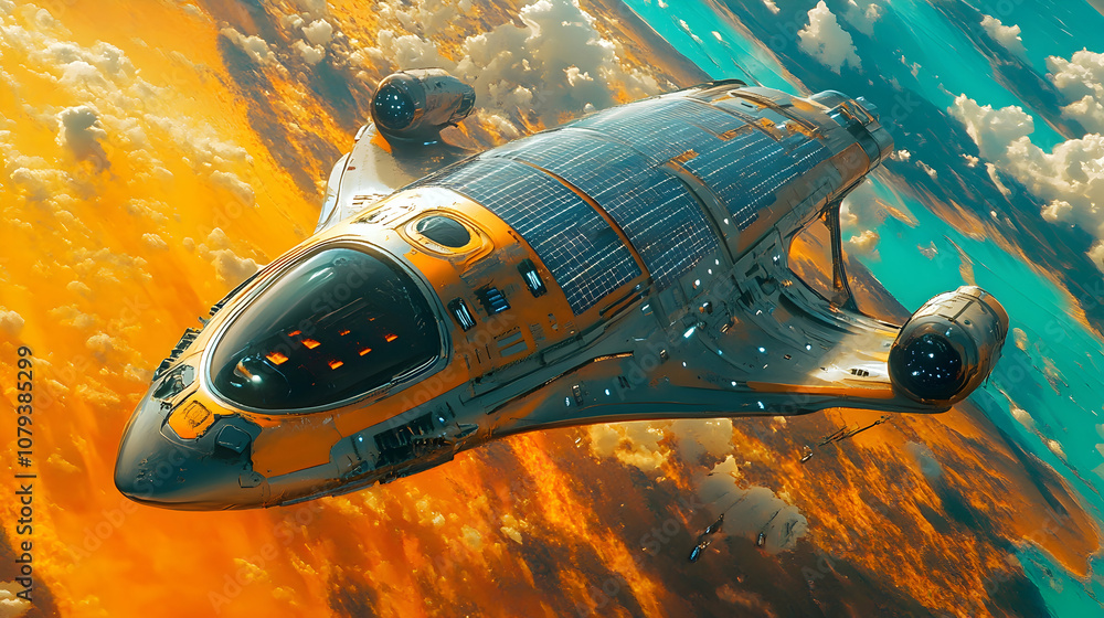 Futuristic spacecraft with solar panels set against a vibrant backdrop of orange and turquoise. 4k image Futuristic spacecraft with solar panels set against a vibrant backdrop of orange and turquoise. 4k image