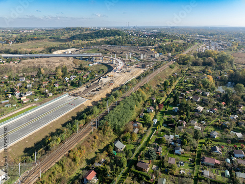 Obraz na płótnie Krakow, Poland. Mistrzejowice highway junction under construction. This interchange is to join S7 motorway from Warszawa with highway ring road around Cracow and A4 highway. State in October 2024 w salonie