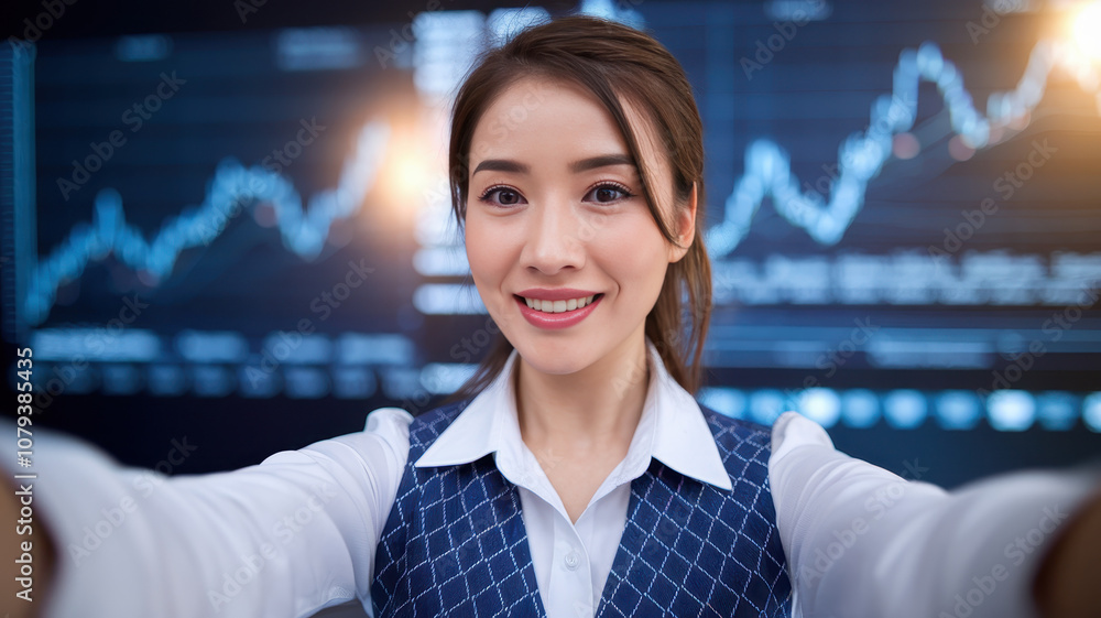 A young Asian businesswoman smiles while taking a selfie in front of stock market graphs, showcasing a confident and professional demeanor. A young Asian businesswoman smiles while taking a selfie in front of stock market graphs, showcasing a confident and professional demeanor.