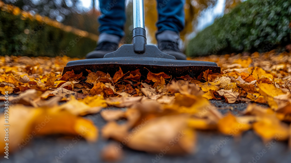 Autumn leaves blanket the ground as an individual operates a leaf blower to tidy up a garden path filled with various fallen leaves Autumn leaves blanket the ground as an individual operates a leaf blower to tidy up a garden path filled with various fallen leaves