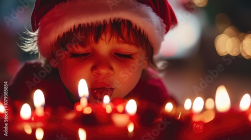 Child in Santa Hat Enjoying Christmas Cake Celebration