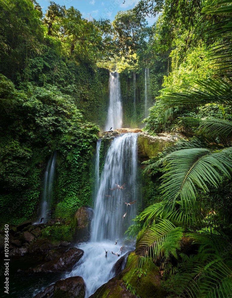 Crystal Clear Water Cascading Down a Hidden Jungle Waterfall, Surrounded by Thick Foliage and Vibrant Greenery, with Tropical Birds Echoing Through the Dense Forest Canopy Crystal Clear Water Cascading Down a Hidden Jungle Waterfall, Surrounded by Thick Foliage and Vibrant Greenery, with Tropical Birds Echoing Through the Dense Forest Canopy