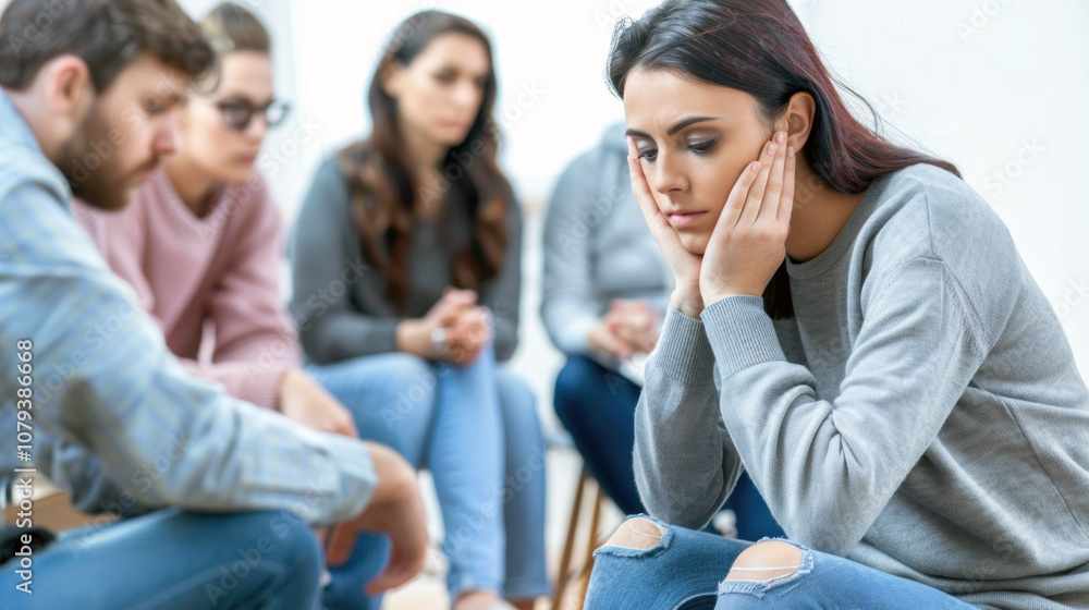 A woman sits with a concerned expression, resting her chin on her hands during a support group session. In the background, several participants are engaged in discussion,