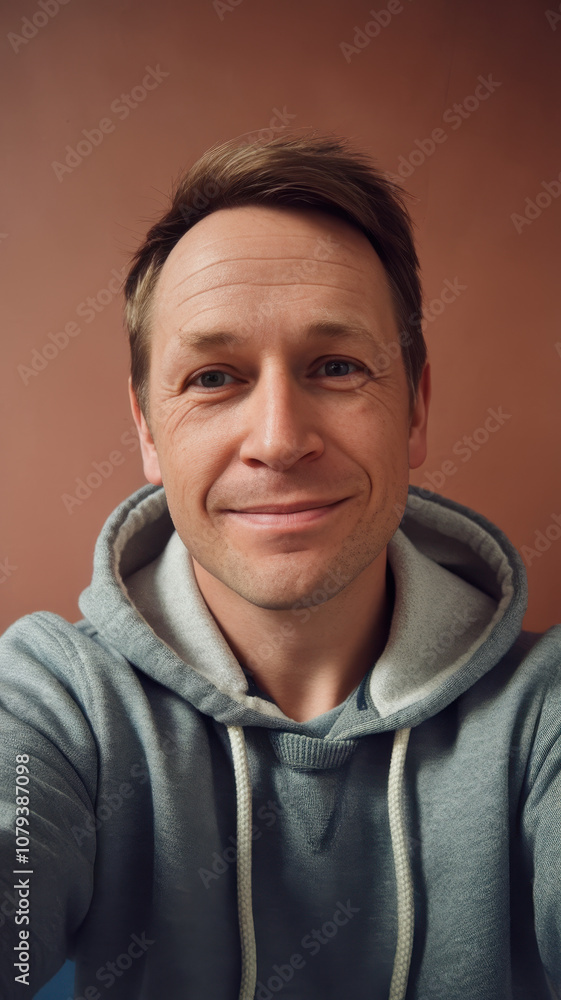 Fototapeta premium A smiling Caucasian man in a gray hoodie against a warm, muted background, exuding warmth and friendliness.