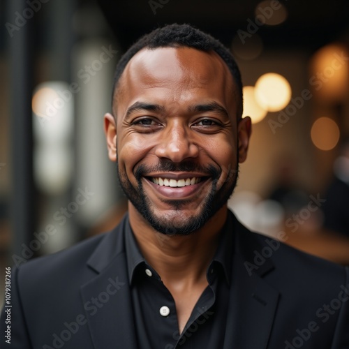 A confident African-American man poses for an urban portrait exuding happiness and maturity as a middle-aged successful business professional photo