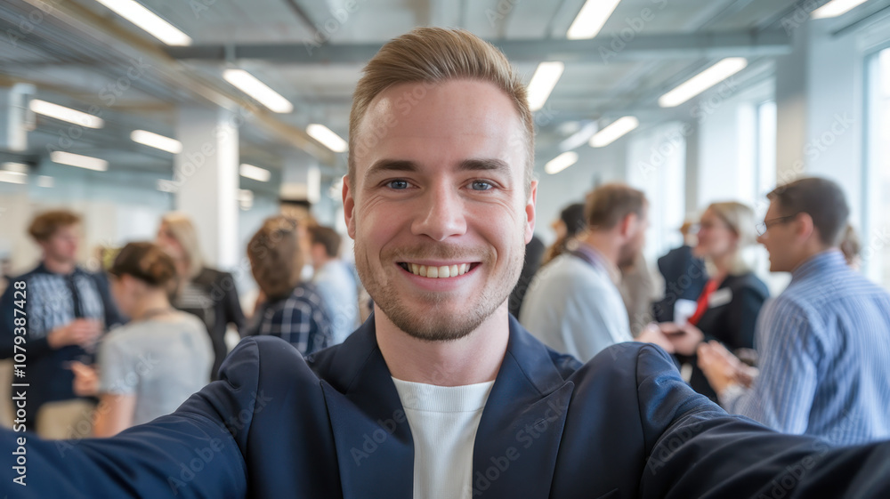 A young Caucasian man with blonde hair smiles while taking a selfie at a busy corporate event with diverse professionals in the background. A young Caucasian man with blonde hair smiles while taking a selfie at a busy corporate event with diverse professionals in the background.