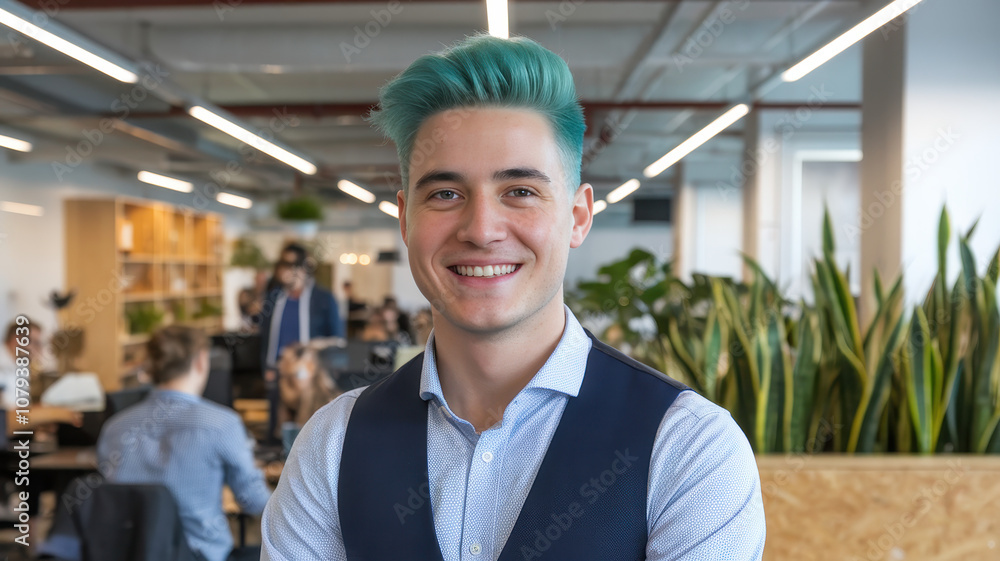 A young Caucasian male with vibrant teal hair smiles confidently in a modern office environment, surrounded by greenery and colleagues working in the background. A young Caucasian male with vibrant teal hair smiles confidently in a modern office environment, surrounded by greenery and colleagues working in the background.