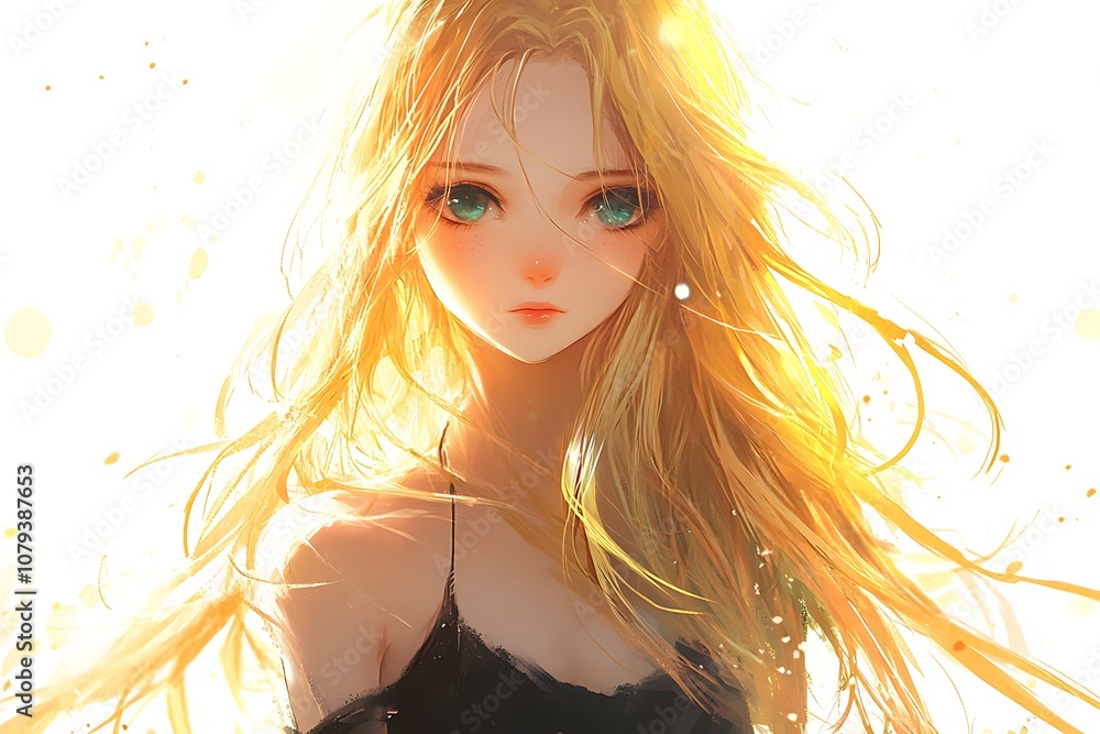 Anime style portrait of a young blonde woman with green eyes in a black dress, digital painting Anime style portrait of a young blonde woman with green eyes in a black dress, digital painting