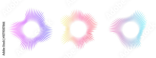 Neon dot equalizer set. Audio multicolor waves. Circular audio waves. Radial curve of sound spectrum . Vector illustration.