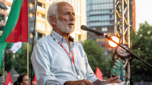 An elderly man stands on a stage, passionately speaking into a microphone at a political rally surrounded by flags and attendees in an urban setting during the late afternoon.