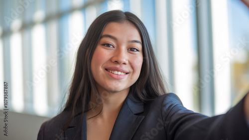 A young Asian woman in a professional suit smiles confidently, posing for a selfie in a modern indoor setting with large windows. Free Download A young Asian woman in a professional suit smiles confidently, posing for a selfie in a modern indoor setting with large windows. - GFXLoad
