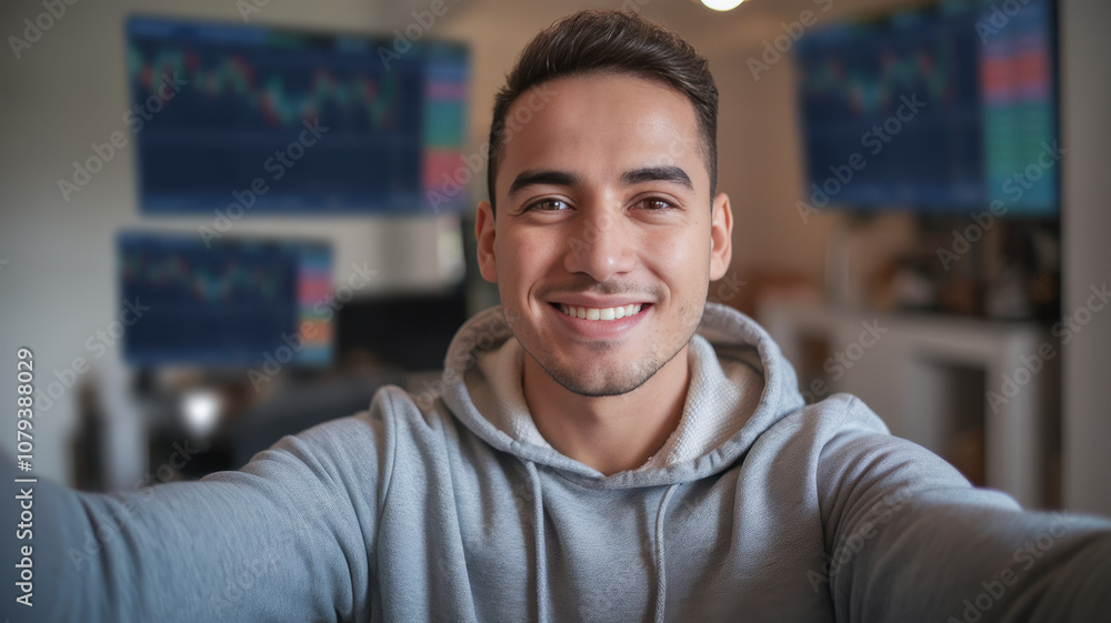 Young Hispanic man in a cozy setting smiles while taking a selfie, with stock market charts displayed on multiple screens in the background. Young Hispanic man in a cozy setting smiles while taking a selfie, with stock market charts displayed on multiple screens in the background.