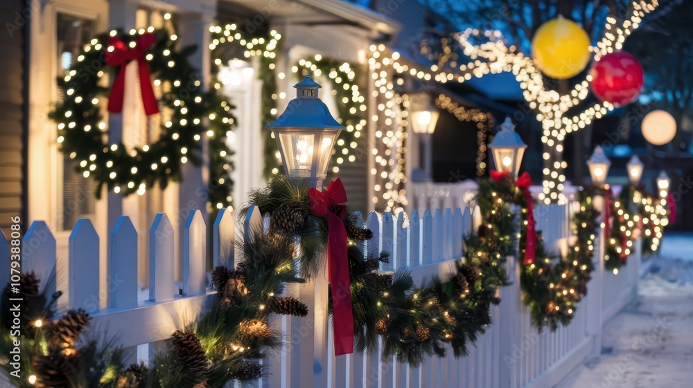 Obraz premium Christmas atmosphere. Decorated street. New Year 2025. Snow. Winter weather