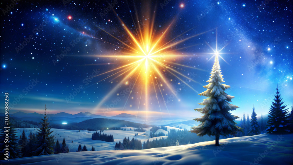 Radiant Christmas star glowing over a snowy landscape with fir trees, creating a dreamy winter night scene Radiant Christmas star glowing over a snowy landscape with fir trees, creating a dreamy winter night scene