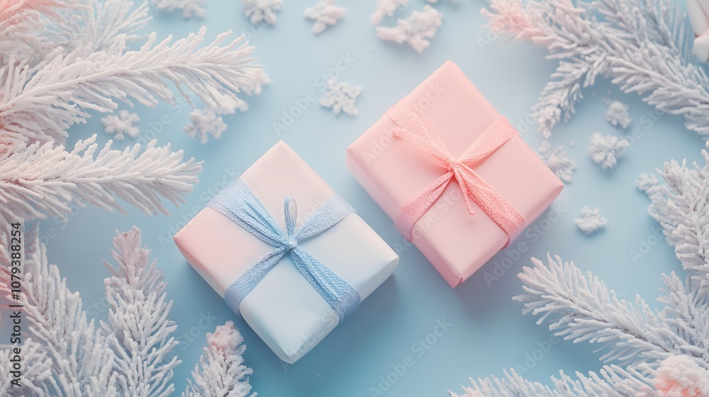 A pastel blue and pink presents on a pastel blue background with white Christmas trenches