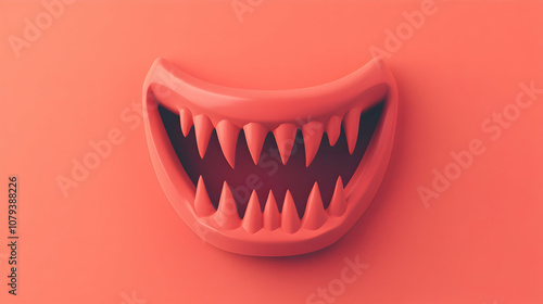 Minimalist vampire fangs on a pastel red background in a Halloween-themed flat design -