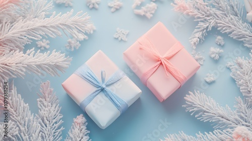 Obraz na płótnie A pastel blue and pink presents on a pastel blue background with white Christmas trenches w salonie