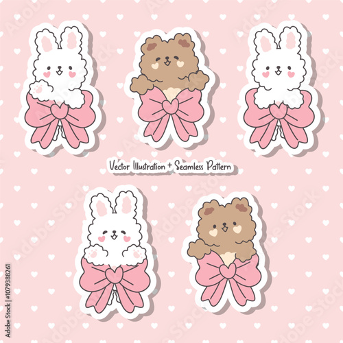 set of baby animals kawaii hare and bear and heart seamless pattern pink texture 