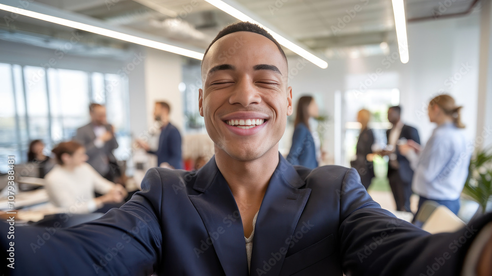 A smiling young Black man takes a selfie in a modern office environment, exuding positivity and confidence amidst a lively workspace atmosphere. A smiling young Black man takes a selfie in a modern office environment, exuding positivity and confidence amidst a lively workspace atmosphere.