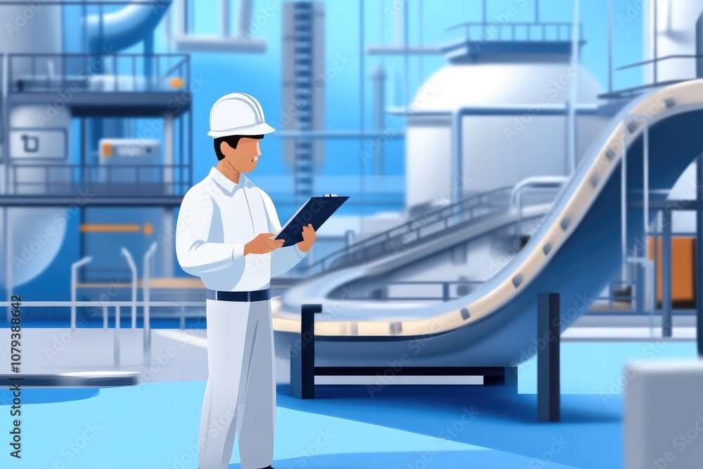 Factory technician reviewing worksite safety on clipboard Factory technician reviewing worksite safety on clipboard