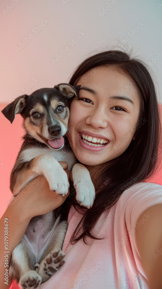 A joyful young Asian woman smiling while holding her adorable puppy, creating a warm, playful atmosphere with soft pink and red background lighting. A joyful young Asian woman smiling while holding her adorable puppy, creating a warm, playful atmosphere with soft pink and red background lighting.