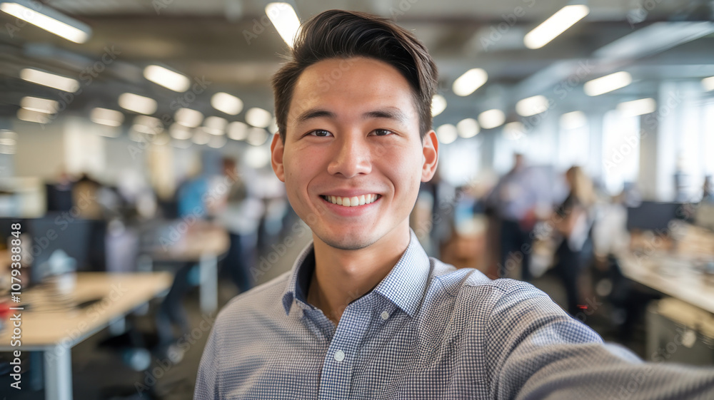 Fototapeta premium Smiling Asian young man in a modern office, capturing a selfie amidst a bustling workspace filled with colleagues in the background.