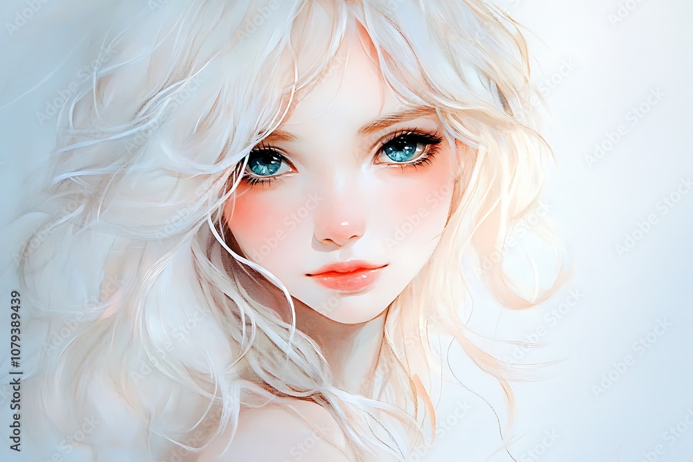 Fototapeta premium Anime girl with white hair and blue eyes, Digital art illustration