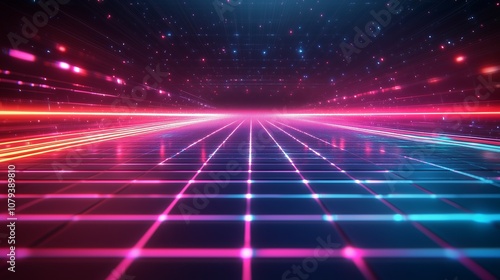  neon grid of glowing lines forms an abstract geometric pattern