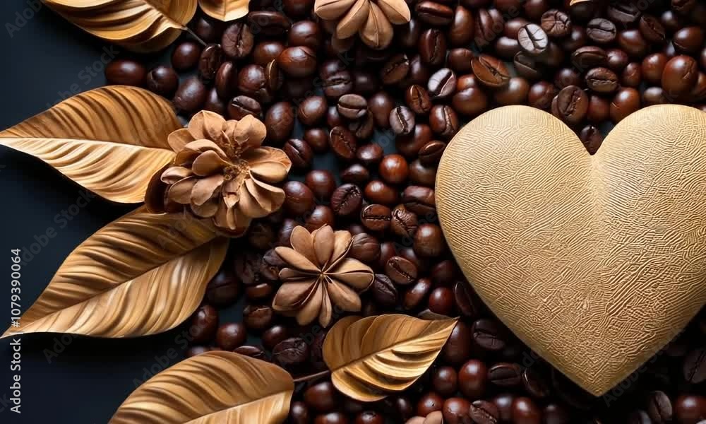 Eco friendly composition with organic coffee beans on a craft paper in the shape of a heart with palm leaves on a craft background.