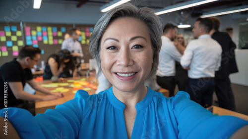 Smiling Asian woman taking a selfie in a vibrant office setting filled with colleagues collaborating in the background.