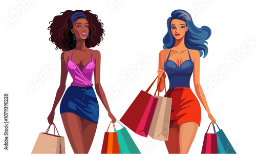 Two elegant women walking with shopping bags in their hands