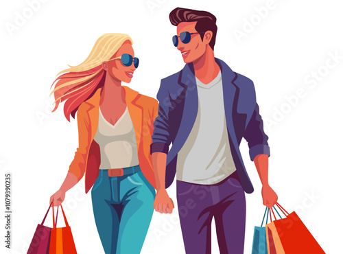 Smiling couple walking hand in hand with shopping bags in their hands