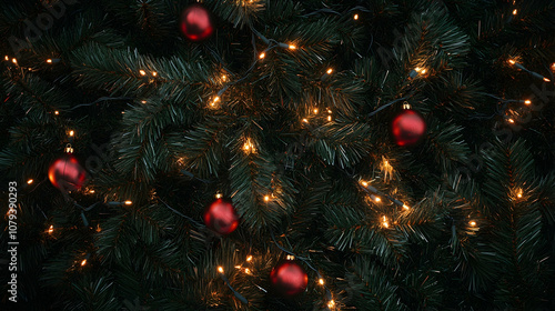 Pine branches decorated with Christmas lights and red ornaments, viewed from above