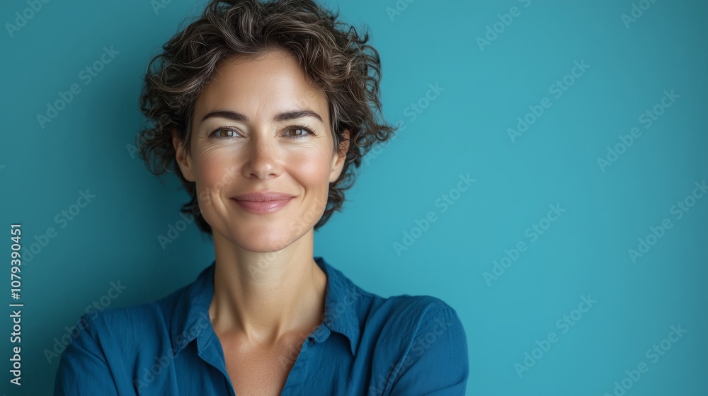 Obraz premium happy woman with short, curly hair wearing a blue shirt, standing in front of a solid-color background