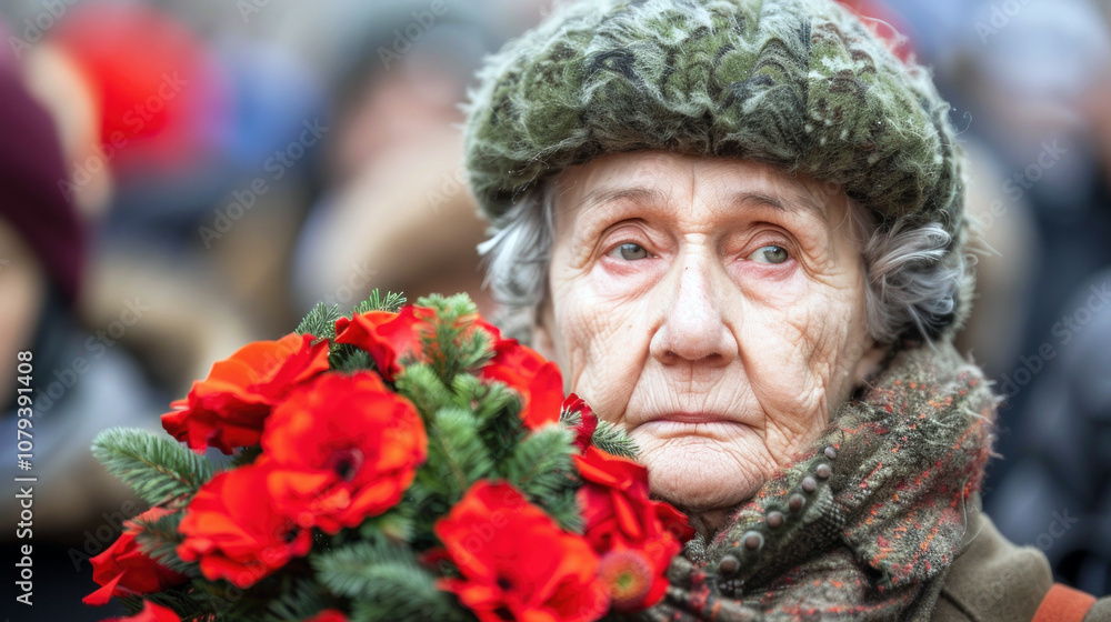 An elderly woman stands quietly in a crowd, holding a bouquet of vibrant red flowers, reflecting on memories during a poignant remembrance ceremony. An elderly woman stands quietly in a crowd, holding a bouquet of vibrant red flowers, reflecting on memories during a poignant remembrance ceremony.