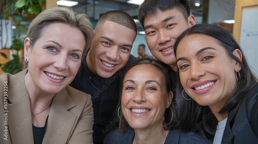 A diverse group of five individuals, including two women and three men, smiling and posing together in a bright, modern office environment. A diverse group of five individuals, including two women and three men, smiling and posing together in a bright, modern office environment.