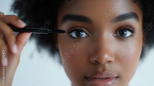 Beauty studio close-up of model applying mascara for flawless eye makeup